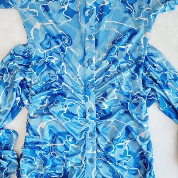 Stretchy Jersey Shirt Midi Dress - Ruched Bodycon Pool Water Print Summer Beach - Picture 11 of 15